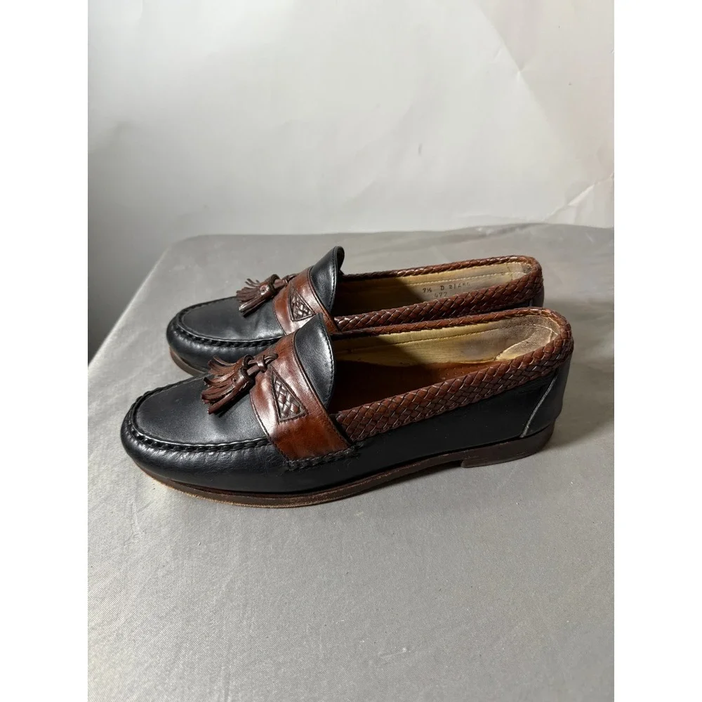Allen Edmonds Tassel Loafers Black Leather‎ Brown Woven Trim Mens Size 9.5 D